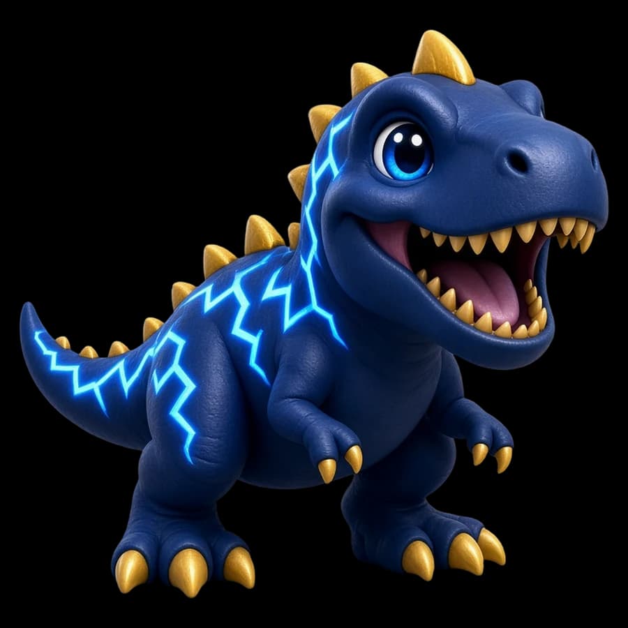 Zaprex, an electric navy T-rex with glowing blue lightning and gold spikes